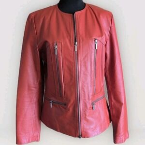 Prague Leather Jacket Cognac Brown Womens Sz Large Lined Full Zipper Pockets EUC